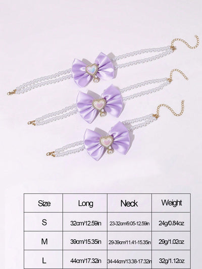 2 - PCS Cute Pet Pearl Necklace Collar with Purple Bow and Heart Charm - Size S