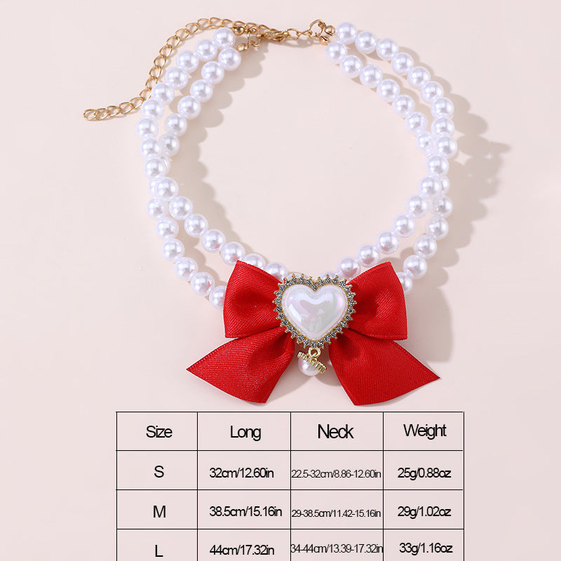 2 - PCS Cute Pet Pearl Necklace Collar with Red Bow and Heart Charm - Size S