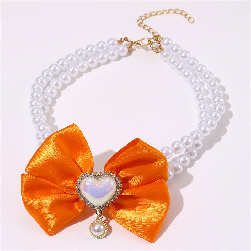 2 - PCS Cute Pet Pearl Necklace Collar with Orange Bow and Heart Charm - Size M