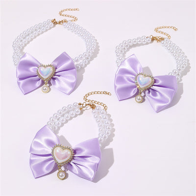 2 - PCS Cute Pet Pearl Necklace Collar with Purple Bow and Heart Charm - Size M