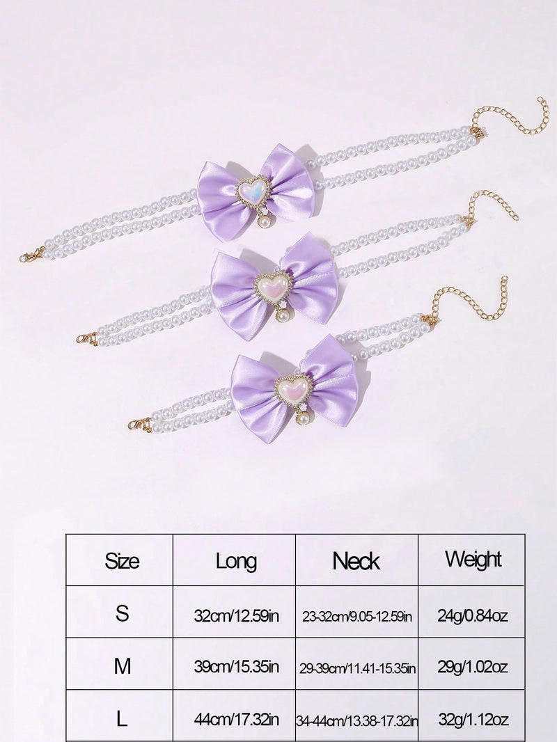 2 - PCS Cute Pet Pearl Necklace Collar with Purple Bow and Heart Charm - Size M