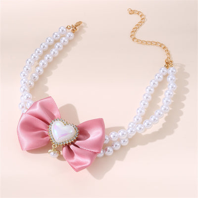 2 - PCS Cute Pet Pearl Necklace Collar with Pink Bow and Heart Charm - Size M