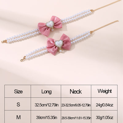 2 - PCS Cute Pet Pearl Necklace Collar with Pink Bow and Heart Charm - Size M