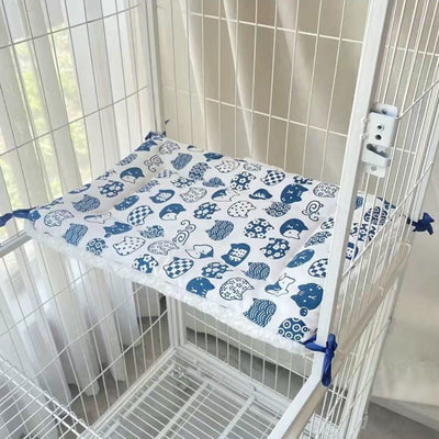Tie-On Cat Cage Platform Pad - Blue cat pattern on white background (30x75cm)