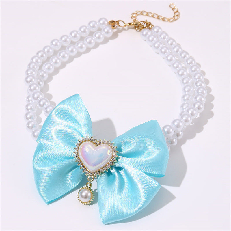 2 - PCS Cute Pet Pearl Necklace Collar with Blue Bow and Heart Charm - Size L