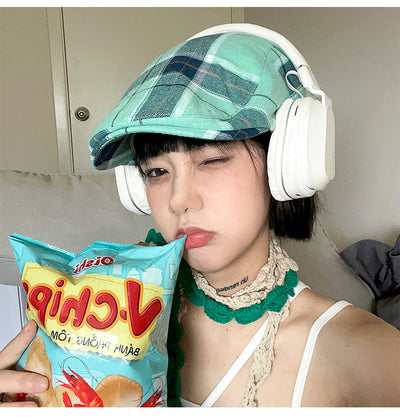 2-PCS Green Lightweight Checkered Flat Cap - Adjustable Retro Driver Hat for Men & Women