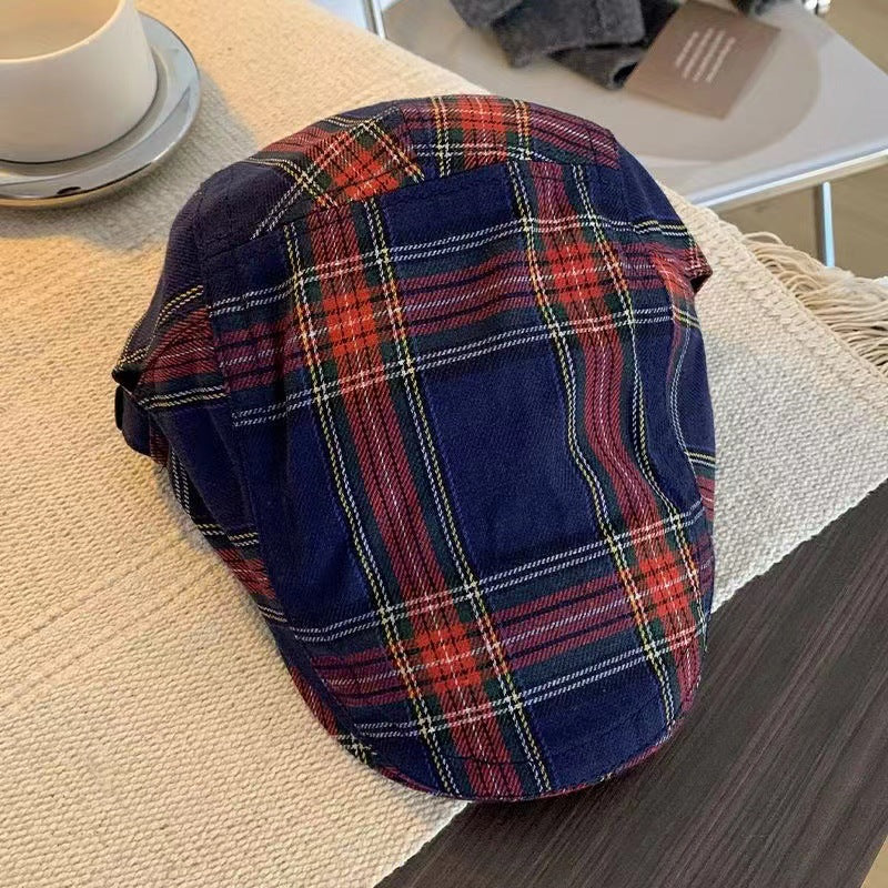 2-PCS Dark Blue Lightweight Checkered Flat Cap - Adjustable Retro Driver Hat for Men & Women