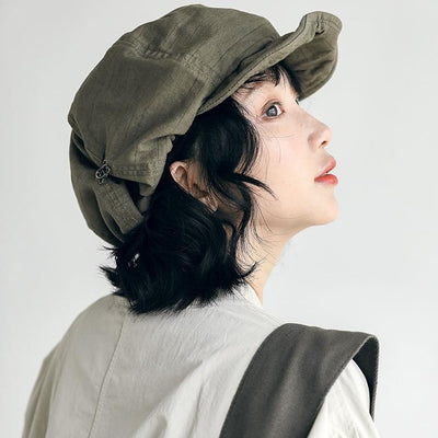 Harajuku Green Women's Vintage Style Baker Boy Cap - Soft Cotton Linen Blend