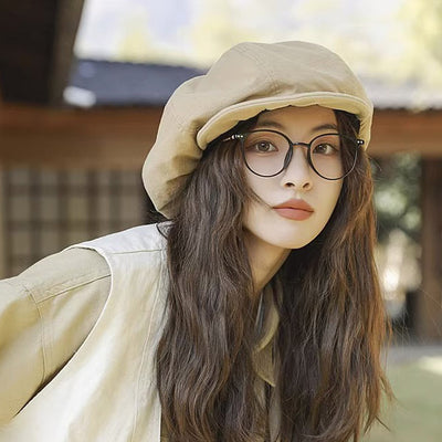 Beige Women's Vintage Style Baker Boy Cap - Soft Cotton Linen Blend