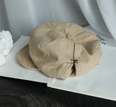 Beige Women's Vintage Style Baker Boy Cap - Soft Cotton Linen Blend