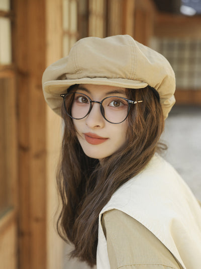 Beige Women's Vintage Style Baker Boy Cap - Soft Cotton Linen Blend