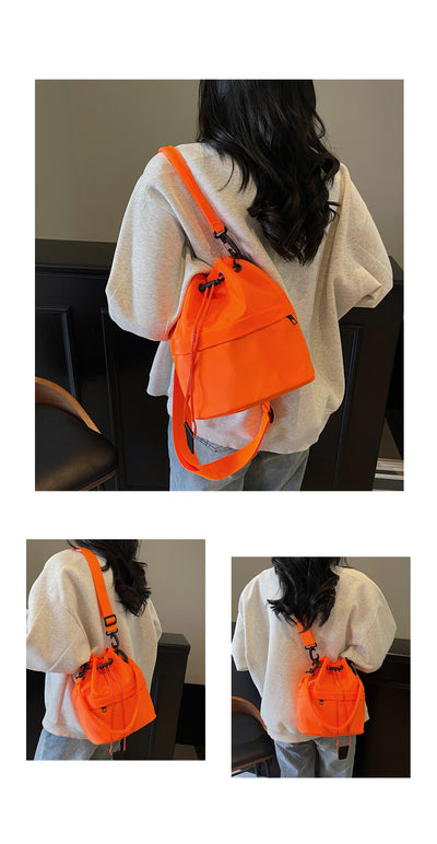 Orange Casual Nylon Drawstring Bucket Bag - Adjustable Strap Crossbody Purse