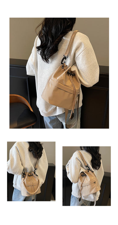 Khaki Casual Nylon Drawstring Bucket Bag - Adjustable Strap Crossbody Purse