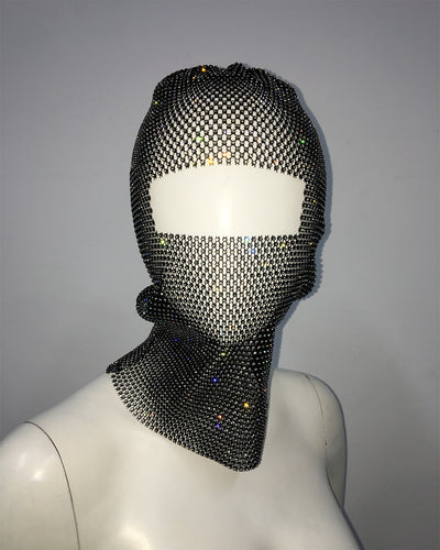 Champagne Glitter Rhinestone Face Balaclava - Trendy Music Festival Head Cover, 37cm