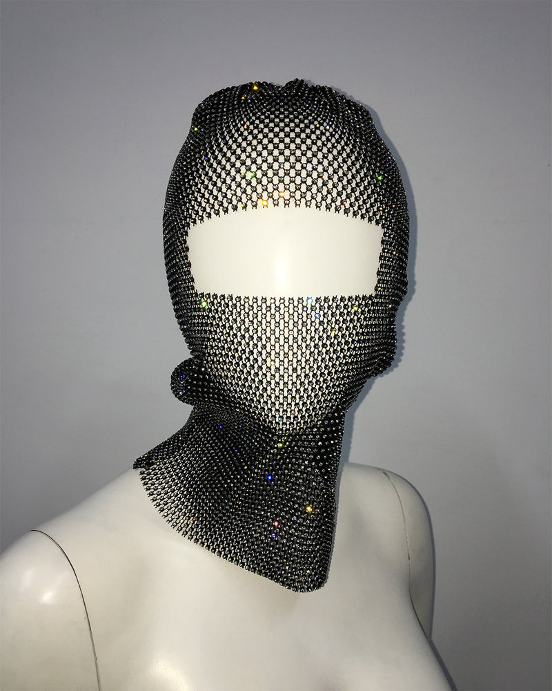 Champagne Glitter Rhinestone Face Balaclava - Trendy Music Festival Head Cover, 37cm
