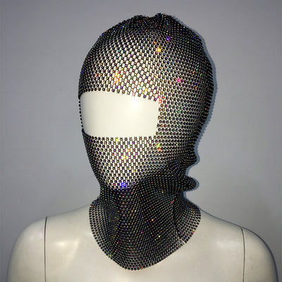 Black colored diamonds Glitter Rhinestone Face Balaclava - Trendy Music Festival Head Cover, 37cm