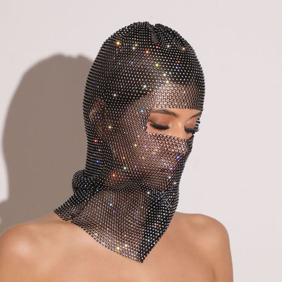 Black colored diamonds Glitter Rhinestone Face Balaclava - Trendy Music Festival Head Cover, 37cm