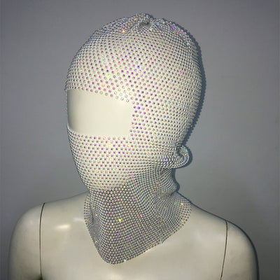 White colored diamonds Glitter Rhinestone Face Balaclava - Trendy Music Festival Head Cover, 37cm