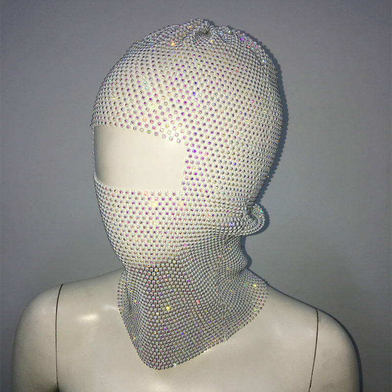 White colored diamonds Glitter Rhinestone Face Balaclava - Trendy Music Festival Head Cover, 37cm