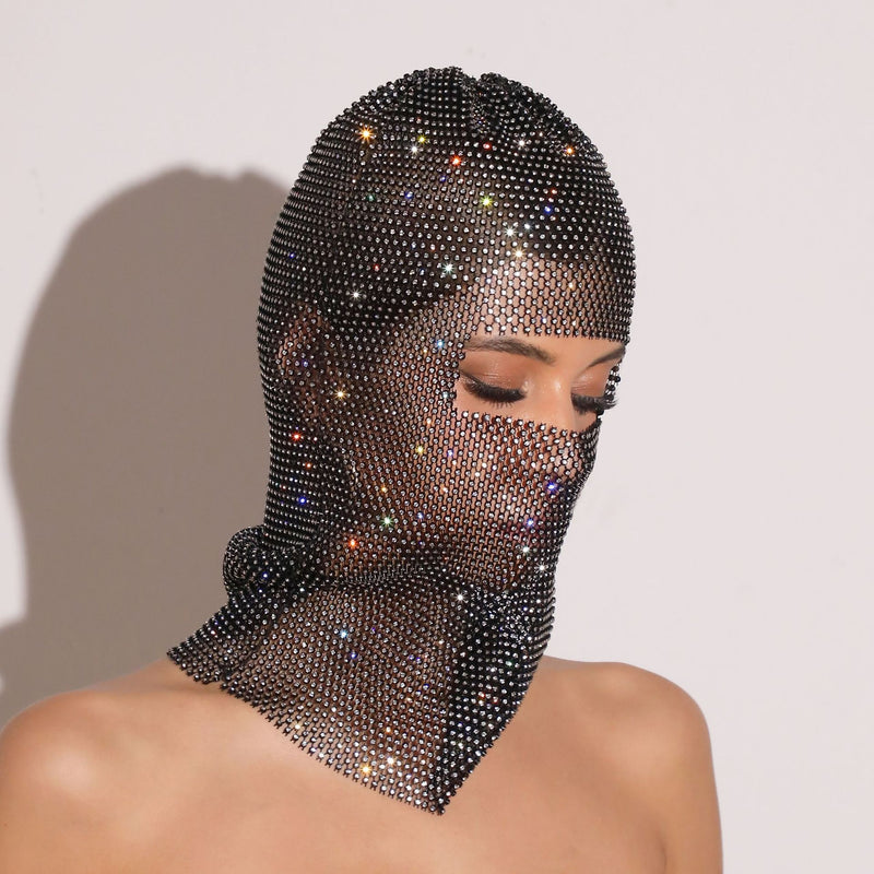 White colored diamonds Glitter Rhinestone Face Balaclava - Trendy Music Festival Head Cover, 37cm