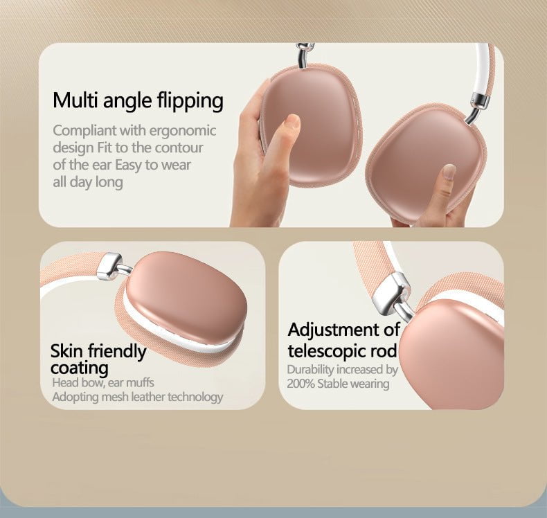 Beige Wireless Bluetooth Headphones - Over-Ear, Deep Bass, Foldable, Long Battery Life