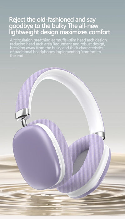 Beige Wireless Bluetooth Headphones - Over-Ear, Deep Bass, Foldable, Long Battery Life