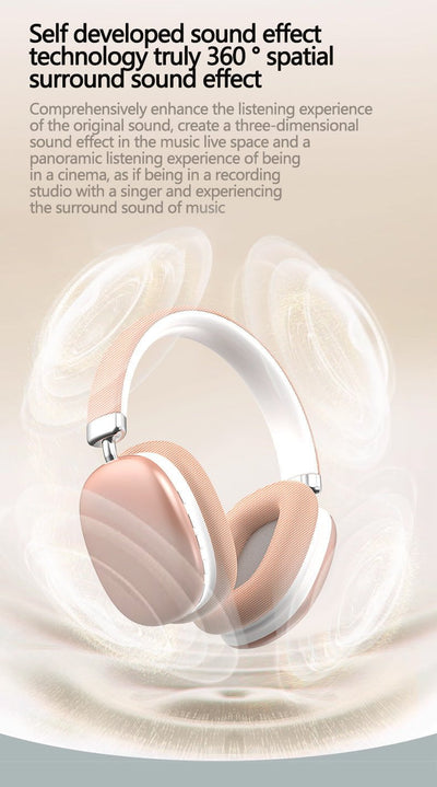 Beige Wireless Bluetooth Headphones - Over-Ear, Deep Bass, Foldable, Long Battery Life