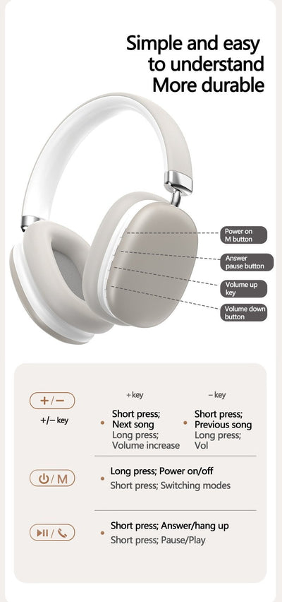 Beige Wireless Bluetooth Headphones - Over-Ear, Deep Bass, Foldable, Long Battery Life