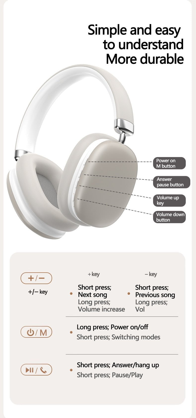 Beige Wireless Bluetooth Headphones - Over-Ear, Deep Bass, Foldable, Long Battery Life
