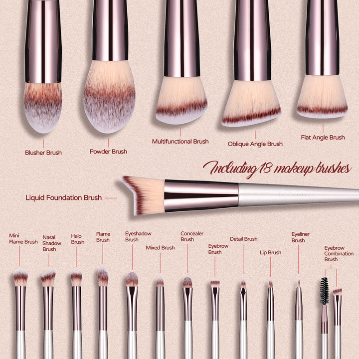 Black 18-Piece Makeup Brush Set - Professional Synthetic Fiber Brushes with Wooden Handles for Flawless Beauty
