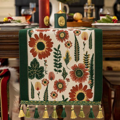 35x140cm Green Pastoral Table Runner - Spring Floral Oil Painting Style with Tassels
