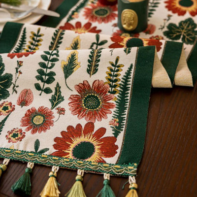 35x140cm Green Pastoral Table Runner - Spring Floral Oil Painting Style with Tassels