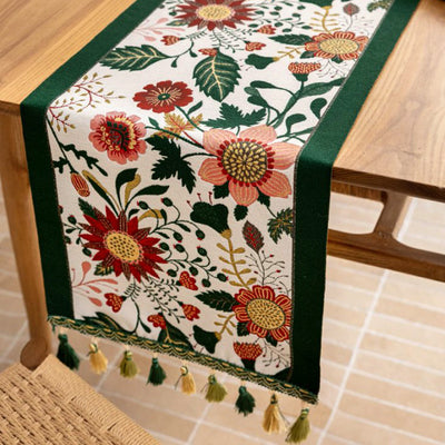 35x140cm Green Pastoral Table Runner - Spring Floral Oil Painting Style with Tassels