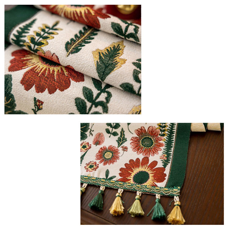 35x140cm Green Pastoral Table Runner - Spring Floral Oil Painting Style with Tassels