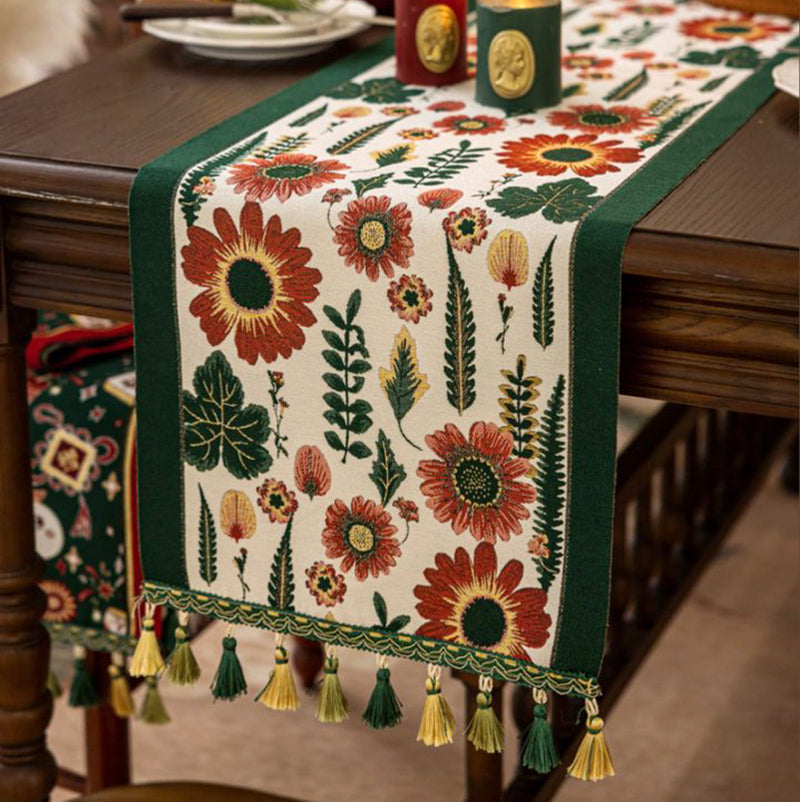 35x160cm Green Pastoral Table Runner - Spring Floral Oil Painting Style with Tassels