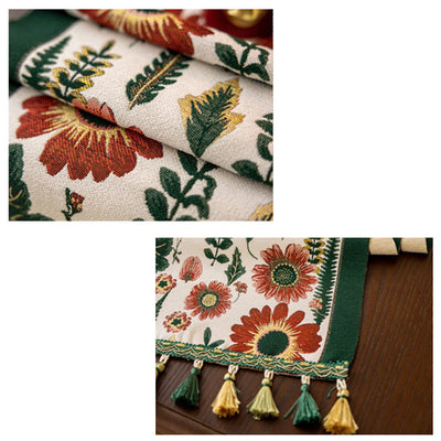 35x330cm Green Pastoral Table Runner - Spring Floral Oil Painting Style with Tassels