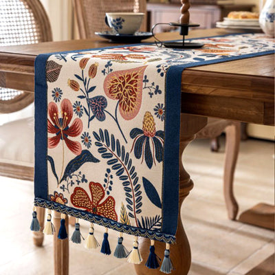 35x180cm Blue Pastoral Table Runner - Spring Floral Oil Painting Style with Tassels