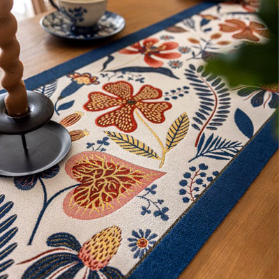 35x180cm Blue Pastoral Table Runner - Spring Floral Oil Painting Style with Tassels