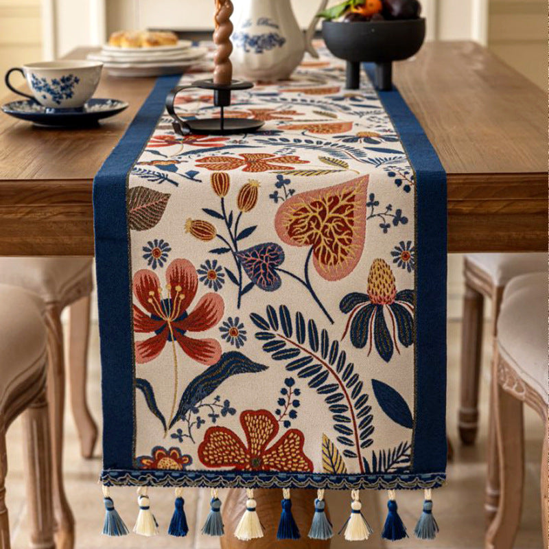 35x240cm Blue Pastoral Table Runner - Spring Floral Oil Painting Style with Tassels