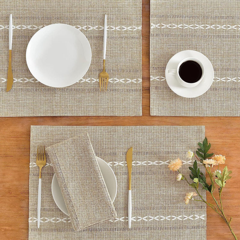 4 Pcs Beige Woven Placemats - Heat Resistant Kitchen Table Mats, Coffee Tea Cup Coasters, Linen Blend Dining Decor