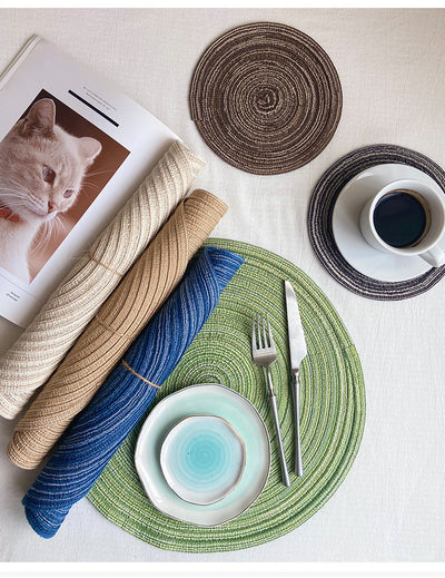 8 Pcs Blue Woven Round Placemat - Non-Slip, Heat-Resistant Dining Table Mat,  36cm