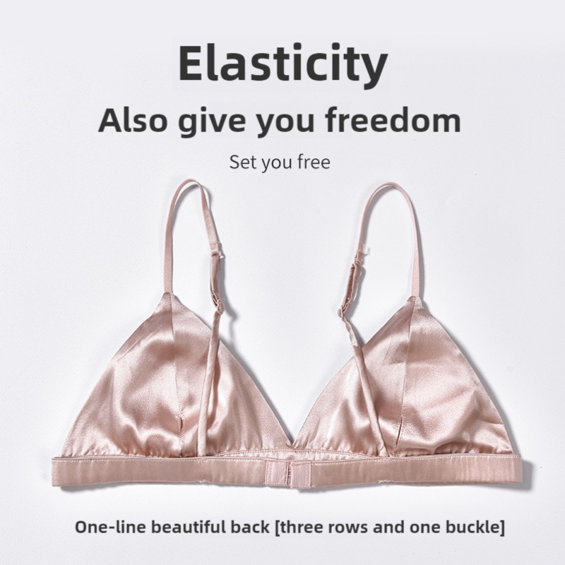 Size L Pink French Style Mulberry Silk Wireless Bralette - Triangle Cup Anti-Sagging Bra for Fuller Busts, Lightweight Comfort