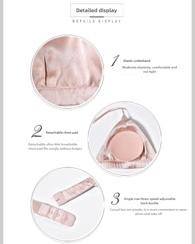 Size L Pink French Style Mulberry Silk Wireless Bralette - Triangle Cup Anti-Sagging Bra for Fuller Busts, Lightweight Comfort