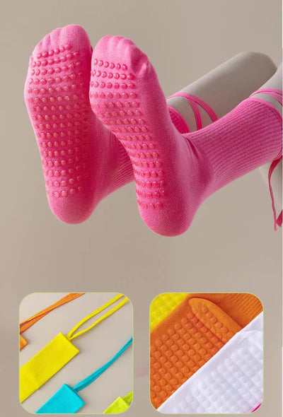3 Pcs Purple Non-Slip Yoga Socks with Cross Straps - Cotton Pilates Dance Socks for Women, Lightweight Comfort