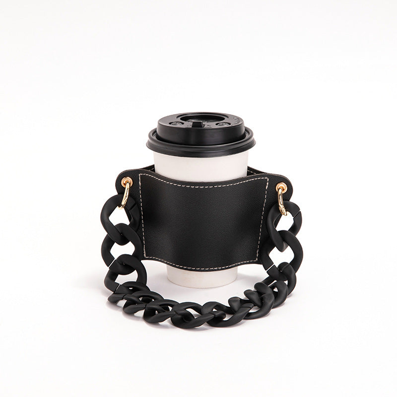 2 Pcs Black Detachable Chain Coffee Cup Sleeve - PU Leather Insulated Cup Holder with Handle, 16cm Top, 70g(Cup not included, only cup sleeve and chain)