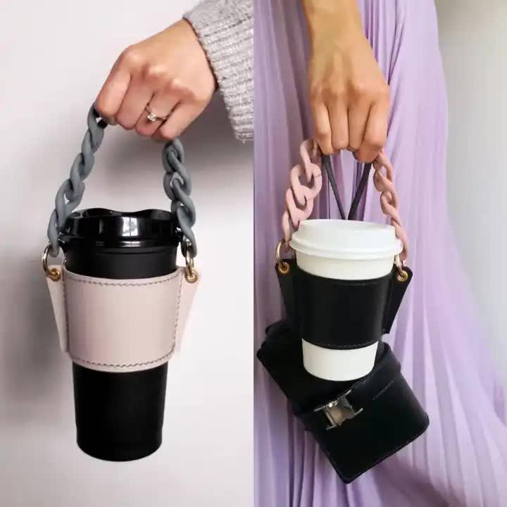 2 Pcs Khaki Detachable Chain Coffee Cup Sleeve - PU Leather Insulated Cup Holder with Handle, 16cm Top, 70g(Cup not included, only cup sleeve and chain)