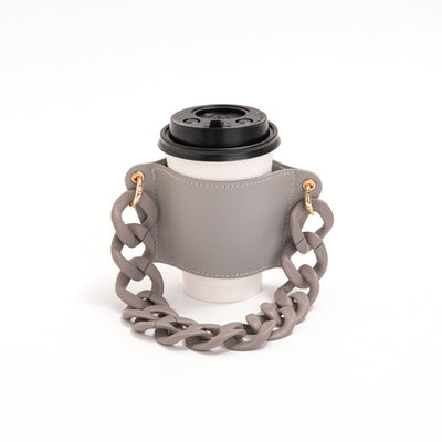 2 Pcs Grey Detachable Chain Coffee Cup Sleeve - PU Leather Insulated Cup Holder with Handle, 16cm Top, 70g(Cup not included, only cup sleeve and chain)
