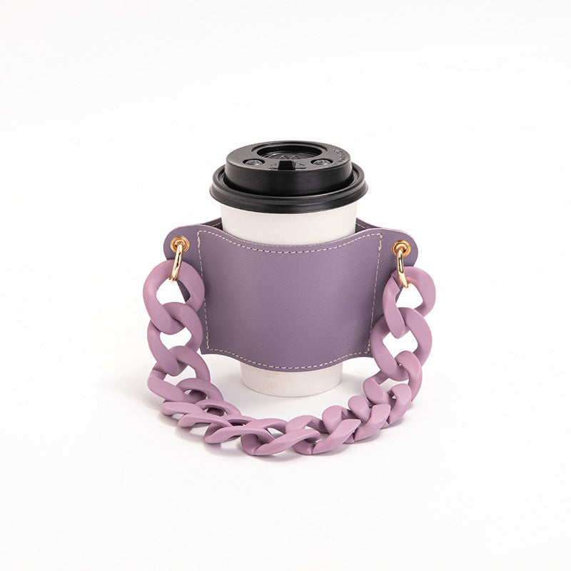 2 Pcs Purple Detachable Chain Coffee Cup Sleeve - PU Leather Insulated Cup Holder with Handle, 16cm Top, 70g(Cup not included, only cup sleeve and chain)