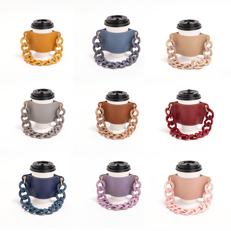 2 Pcs Beige Detachable Chain Coffee Cup Sleeve - PU Leather Insulated Cup Holder with Handle, 16cm Top, 70g(Cup not included, only cup sleeve and chain)
