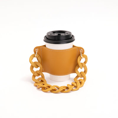 2 Pcs Yellow Detachable Chain Coffee Cup Sleeve - PU Leather Insulated Cup Holder with Handle, 16cm Top, 70g(Cup not included, only cup sleeve and chain)